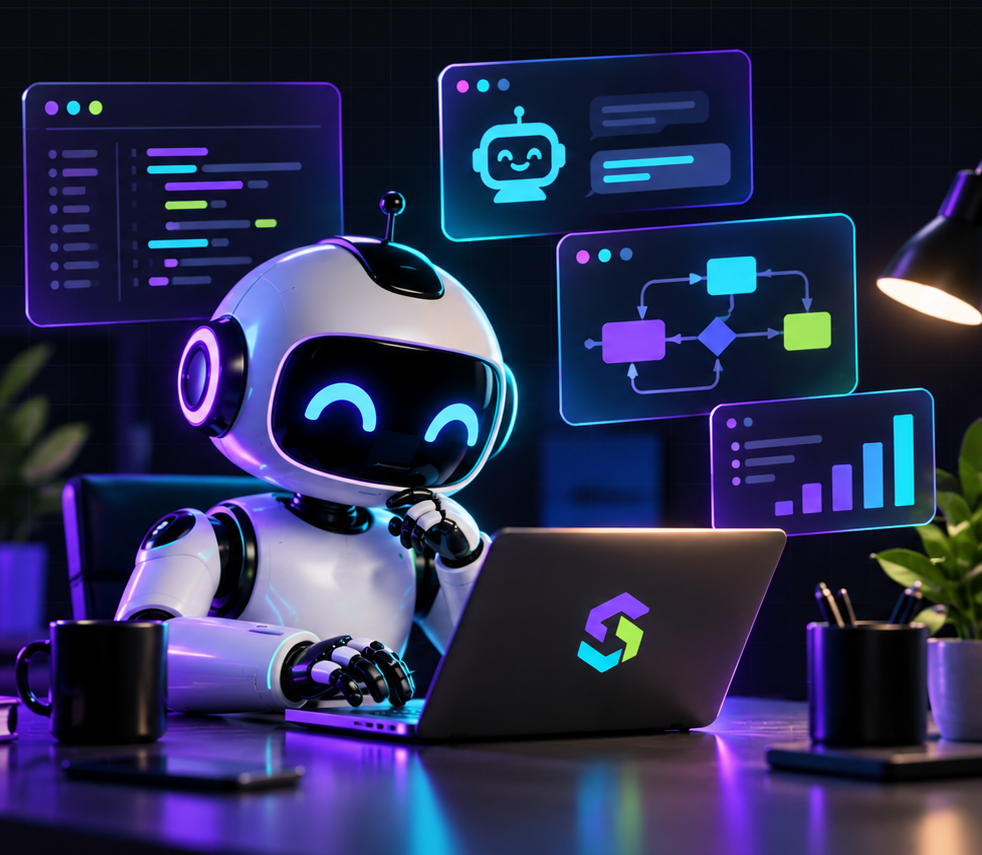 Friendly SnarfLab robot working on a laptop surrounded by code, chat, and workflow interfaces